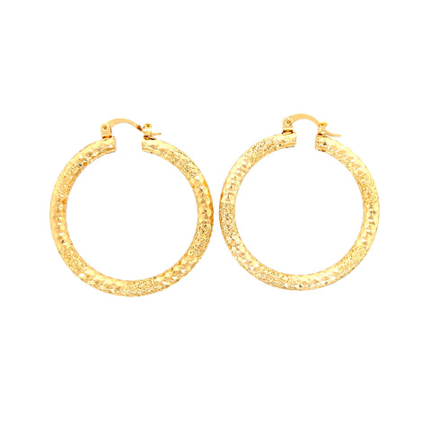 Beautiful Texturized Hoops Earrings, 4cm round and crafted from 14k gold fill, lead and nickel free, elegantly showcased on a pristine white background.